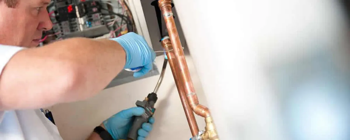 Water heater repair technician testing copper pipe connections and controls in Cape Coral, FL